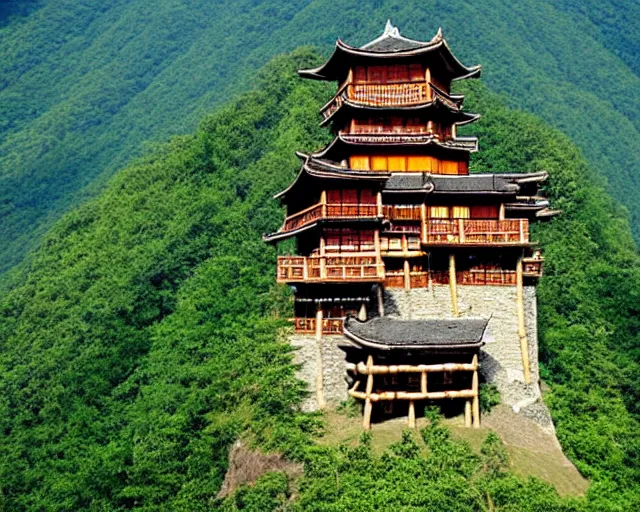 Prompt: Mountaintop castle made of bamboo