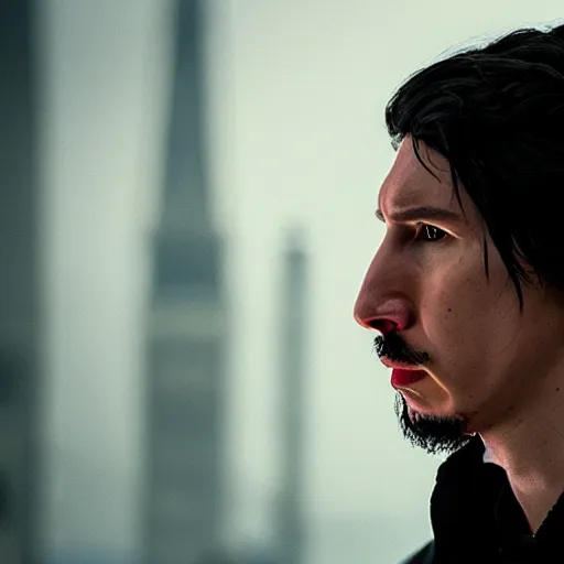 Image similar to A cinematic film still of Adam Driver starring as cloaked rogue, portrait, 40mm lens, shallow depth of field, split lighting, cinematic