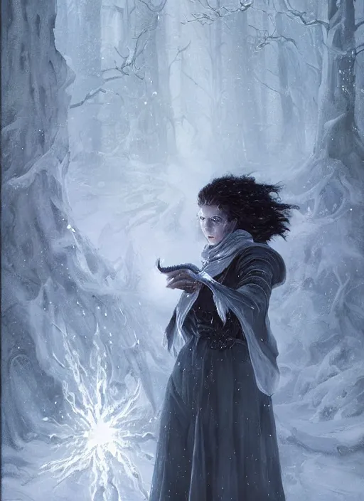 Image similar to a mage casting a frost spell by charlie bowater and john howe and leon bazille perrault