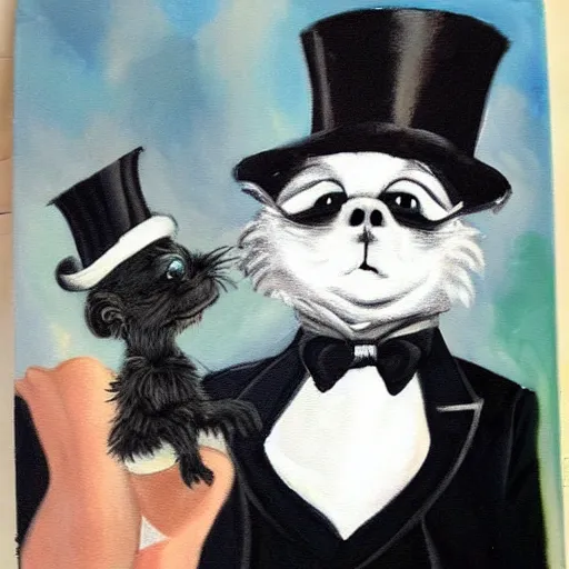 Image similar to a painting of pepe le pew in a tuxedo and a top hat