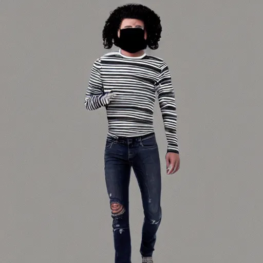 Image similar to professional pencil sketch of a full-body view of a young adult man with medium-length hair wearing a black face mask, a striped long-sleeved shirt, and ripped skinny jeans, high quality, HD, 8K, highly detailed, award-winning