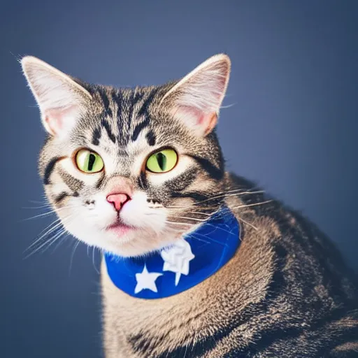 Prompt: portrait photo of cat as captain america, blue tabby fur, highly detailed, high resolution, cosplay photo, stunning, bokeh soft, trending on instagram, by professional photographer, shot with a canon