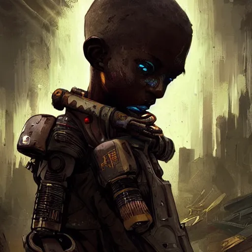 Image similar to a dark and ominous african child soldier with glowing eyes and a half robot face, Apex Legends character digital illustration portrait design, by android jones and greg rutkowski in a cyberpunk voodoo style, detailed, cinematic lighting, wide angle action dynamic portrait