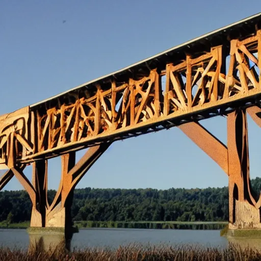 Prompt: trenton makes world takes bridge, wood cut style,