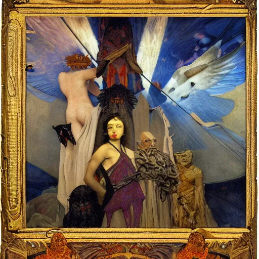 Image similar to war between the house of crows and the house of moths, by Annie Swynnerton and and Nicholas Roerich and Diego Rivera and Maxfield Parrish and Gaston Bussière , symbolist, dramatic lighting, embroidered brocade robes, god rays, rich colors,smooth, sharp focus, extremely detailed