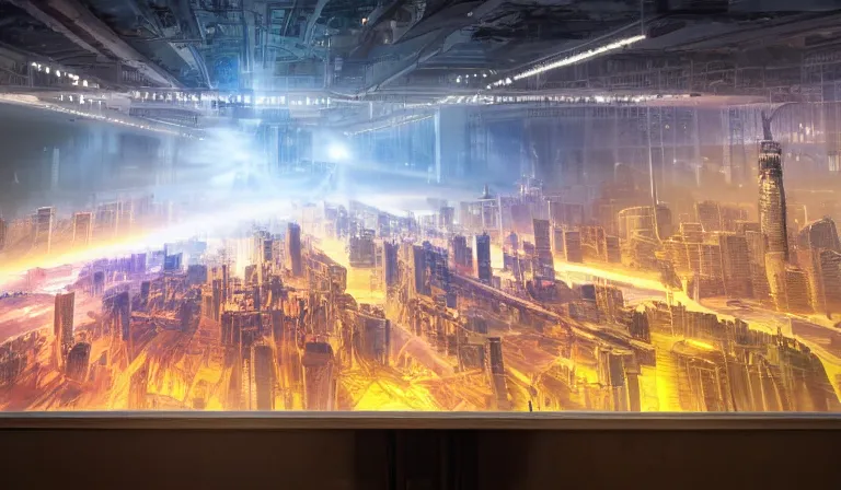 Image similar to large group people in open warehouse, looking at hologram of futuristic city on a table, cinematic concept art, godrays, golden hour, natural sunlight, 4 k, clear details, tabletop model buildings, center model buildings, hologram center, crane shot, crane shot, crane shot