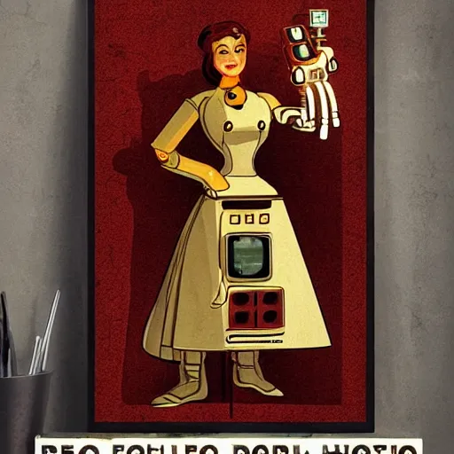 Prompt: retrofuturism poster of an anthropomorphic retro futuristic steampunk robot maid