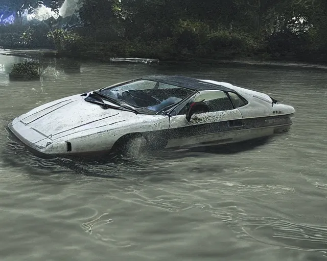 Image similar to white lotus esprit submerged under water, cinematic, photoreal, by red dead redemption 2