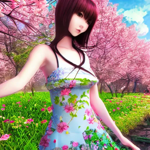 Prompt: 3d rendered anime girl with cherry blossoms as clothing in a flower garden, fantasy art, hyper realistic, detailed, ultra detailed, dynic lighting, fantasy concept art