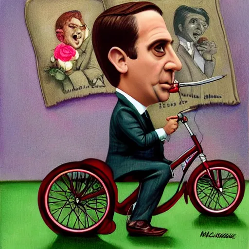 Image similar to Michael Scott on a tricycle, lowbrow painting by Mark Ryden