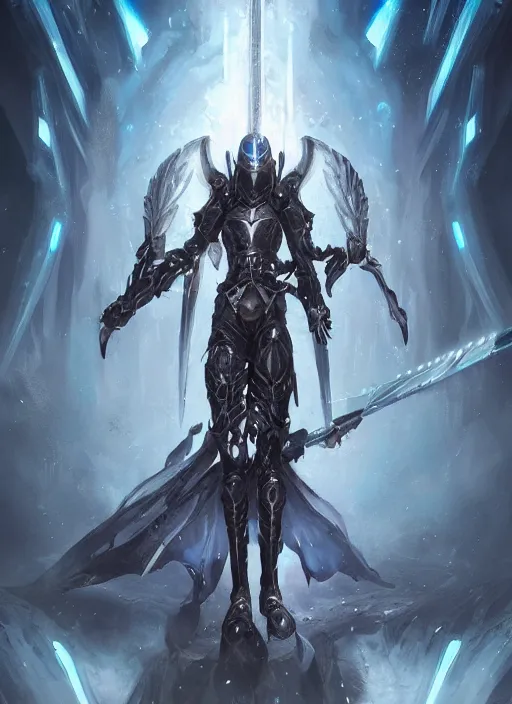 Image similar to dark seraphim knight in light armor wielding a magical lance, slaying a sky beast, full body heroic pose. dark water, cyberpunk pearl armor, futuristic fantasy, highly detailed, digital painting, trending on artstation, concept art, sharp focus, illustration, art by artgerm and nixeu and greg rutkowski and magali villeneuve.