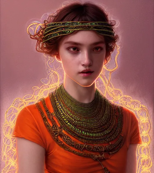 Image similar to portrait of teenage medusa, snake hair, naughty smile, wearing an embroidered orange tunic, intricate, sensual, elegant, copper and emerald jewelry, glowing lights, seductive, highly detailed, digital painting, artstation, concept art, smooth, sharp focus, illustration, art by wlop, mucha, artgerm, and greg rutkowski