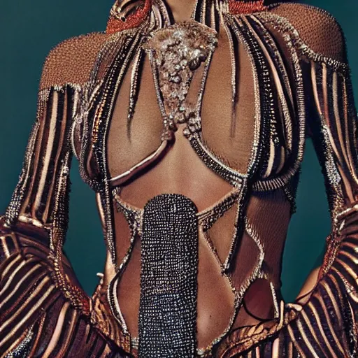 Image similar to close up of a female body on a dress, fashion photography, vogue magazine, highly detailed