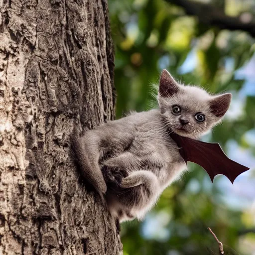 Image similar to a bat kitten, in a tree, Canon EOS R3, telephoto, very detailed, 4k