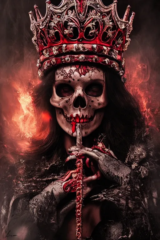 Image similar to skull queen with an red crown, hints of silver jewelry, gothic, eerie, intricate detail, dramatic lighting, fire, red, 4 k