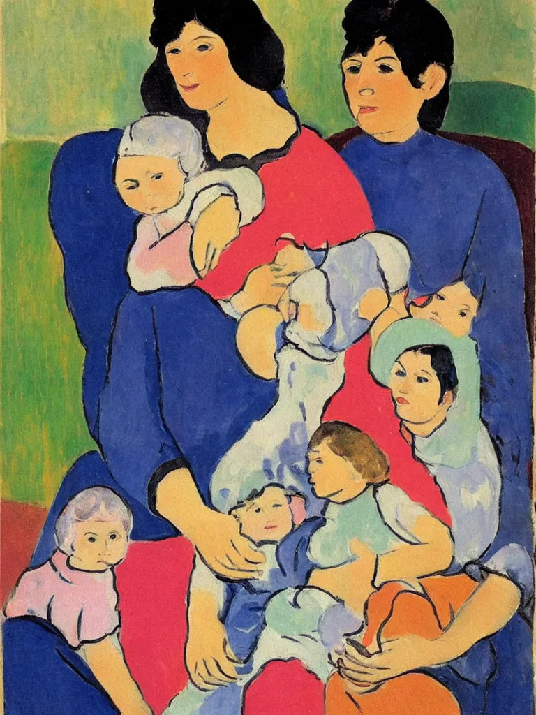 Prompt: portrait of a old woman holding a younger woman on her lap, that holds another, even younger woman, holding a girl holding a baby. painting by matisse