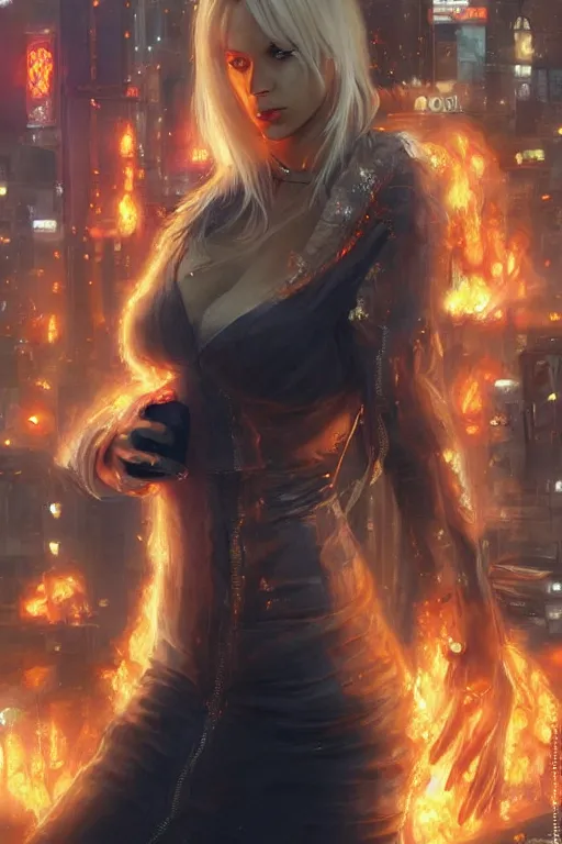Prompt: wonderful blonde woman with flames dancing on her hands with a long jacket in a cyberpunk city, realistic mouth, realistic, high definition, detailed and symetric face, detailed and realistic hands, expressive eyes, 4 k, shimmering color, art by artgerm ans greg rutkowski and magali villeneuve
