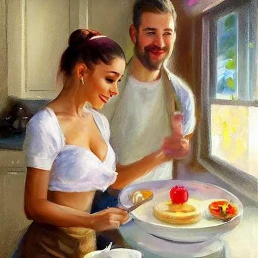 Image similar to Ariana Grande making breakfast for her husband, painting by Vladimir Volegov