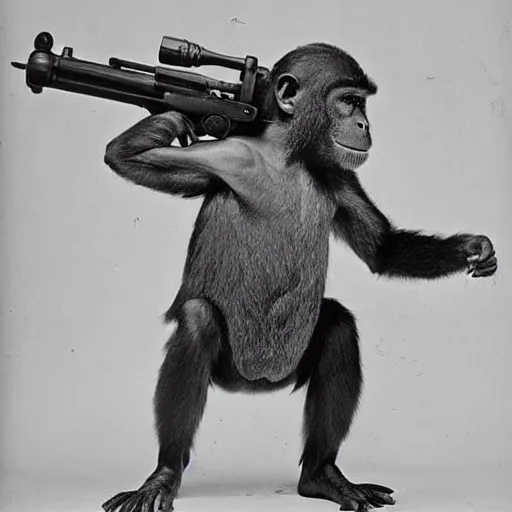 Image similar to old photo world war, a monkey wearing a helmet armed with a rifle, detailed