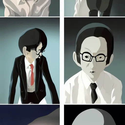 Prompt: A beautiful assemblage of a man that has been pushed too far. A portrait of a man with a thousand-mile stare, whose soul has been replaced by a void. by Osamu Tezuka, by Goro Fujita, by Vytautas Kairiukstis washed-out