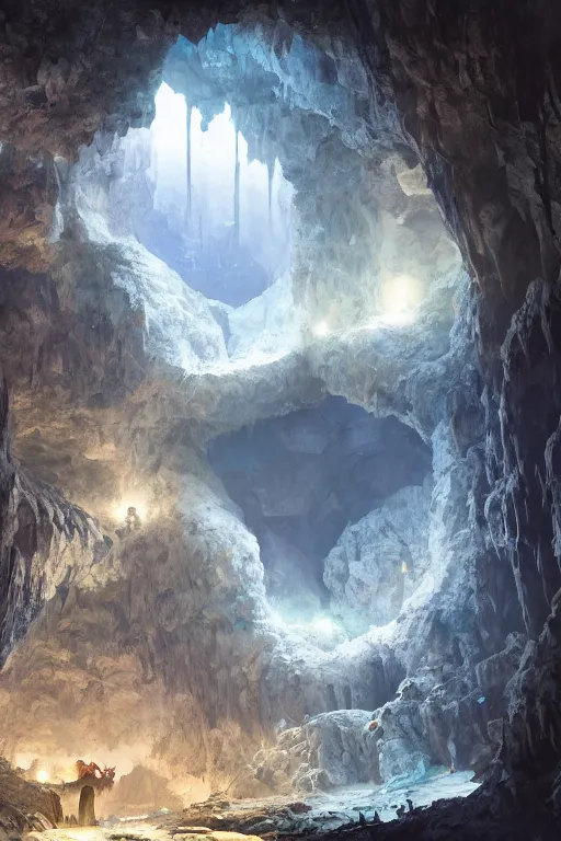 Prompt: beautiful crystal geode in a cavern, landscape, alex ross, eddie mendoza, raphael lacoste, sebastian ludke, concept art, matte painting, highly detailed, rule of thirds, dynamic lighting, cinematic, detailed, magnificiant landscape, denoised, centerd