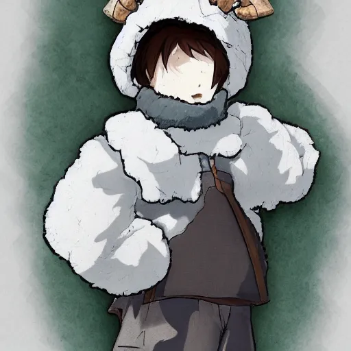 Image similar to boy wearing sheep suit. white, gray, blue, green and brown pallet color. made in abyss art style, inspired in chris from deltarrune, high details