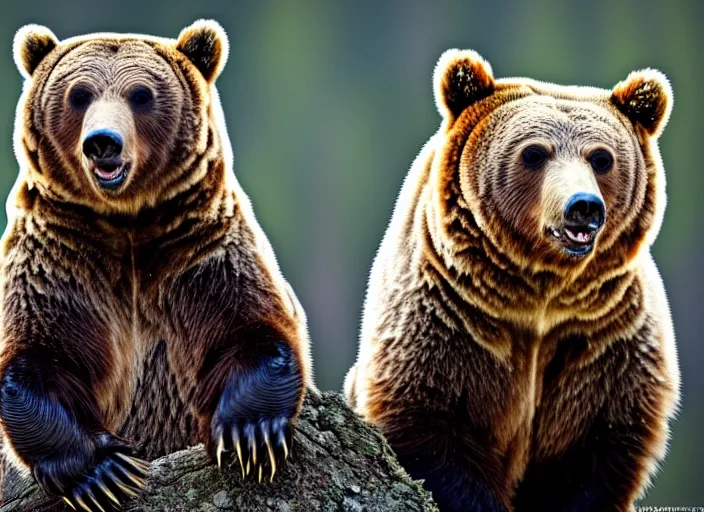 Image similar to an award winning photo of a grizzly bear with an owl's head, enviromental portrait, forest, 4 k, wildlife photography, high quality, national geographic