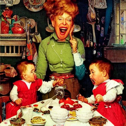 Image similar to hyper realistic hight detailed grandmother with a big mouth eating babies on the table in the russian kitchen, style by norman rockwell, bright colors, 4 k, 1 6 k, 3 2 k