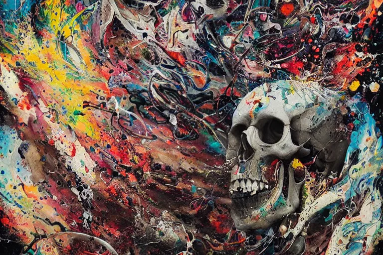 Image similar to a splattered action painting by jackson pollock showing a skull, ultradetailed, fine art painting, peter mohrbacher, moebius, skull carving, frottage, watercolor, acrylic, multilayered paint, spectacular splatter explosion, psychedelic art