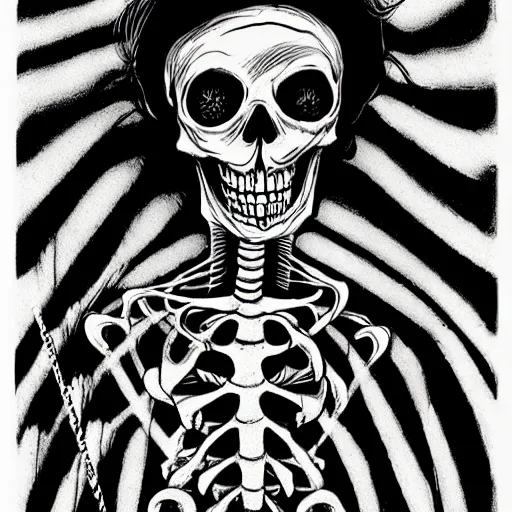 Prompt: black and white trippy comic art of a skeleton as death the grim reaper, lots of particles, drawn by Martin Rowson, salvador dali, Tim Burton, Studio Ghibli, Alex Pardee, Nekro Petros Afshar, James McDermott, cgsociety 4K