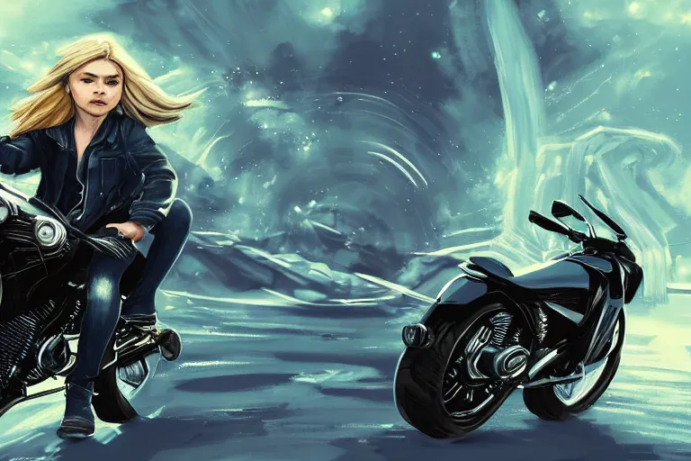 Image similar to chloe grace moretz is riding a motorbike, digital painting, artstation, the space background, concept art, illustration,