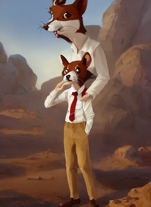 Image similar to Character portrait of a happy furry cartoon anthro stoat wearing a white_dress_shirt, tan_vest, red_bowtie, and black_slacks in the desert wilderness, intricate, elegant, highly detailed, digital painting, artstation, concept art, smooth, sharp focus, illustration, art by Krenz Cushart and Artem Demura and alphonse mucha