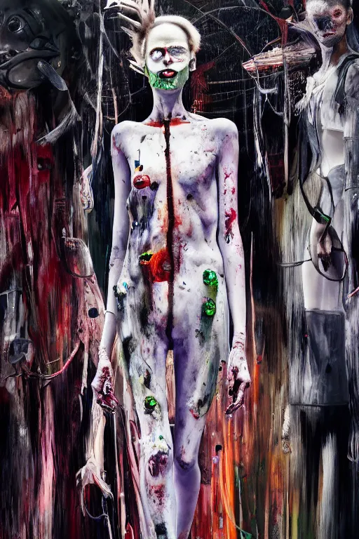 Image similar to crazy fashion catwalk, one model, crazy clothes, biopunk style, horror, hauntingly surreal, highly detailed painting by francis bacon, edward hopper, adrian ghenie, gerhard richter, and james jean soft light 4 k,