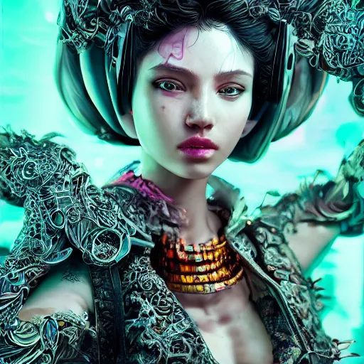 Image similar to the portrait of an absurdly beautiful, graceful, elegant, sophisticated, fashionable cyberpunk gravure idol, an ultrafine hyperdetailed illustration by kim jung gi, irakli nadar, vania zouravliov, intricate linework, bright colors, porcelain skin, unreal engine 5 highly rendered, global illumination, radiant light, detailed and intricate environment