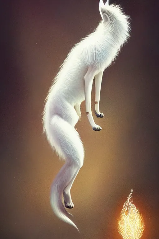 Image similar to complete and delicate portrait of a white nine - tailed fox, beautiful, agile, fairy, myth, legend, detailed, trending on artstatioin, light effects, kilian eng, john harris, bastien lecouffe - deharme