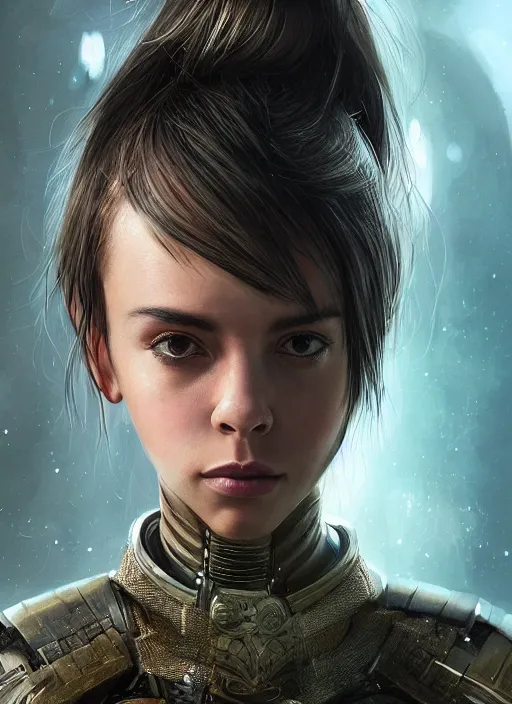 Prompt: a professional portrait of a beautiful young female, clothed in electric battle armor, olive skin, long dark hair, beautiful bone structure, symmetrical facial features, intricate, elegant, digital painting, concept art, smooth, sharp focus, finely detailed, illustration, from Valerian and the City of a Thousand Planets, by Ruan Jia and Mandy Jurgens and Artgerm and William-Adolphe Bouguerea