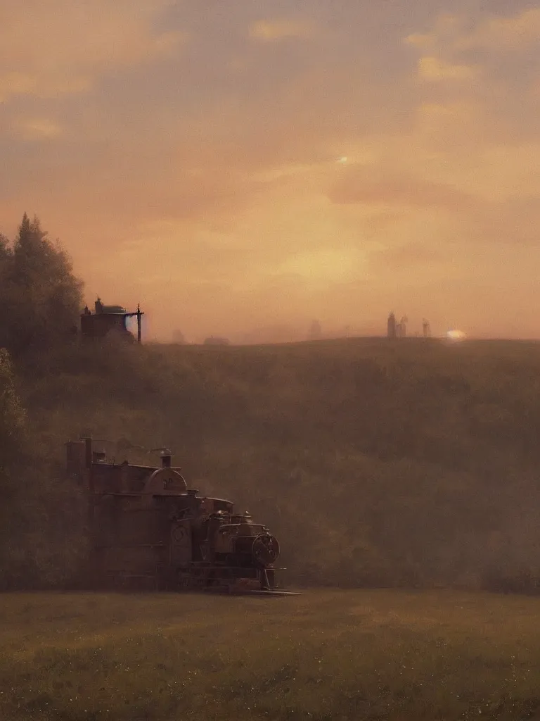 Prompt: a matte painting of steam machine in summer, matte painting, dusk, drama, by rozalski and peter ilsted, artstation