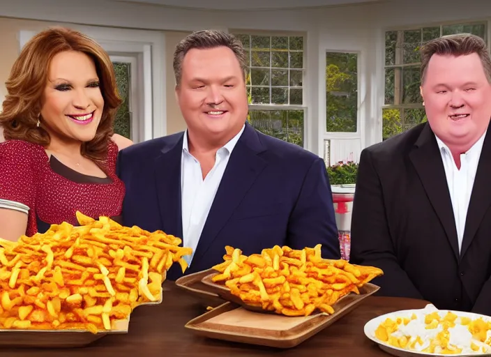 Image similar to qvc tv show product showcase pile of nasty chili cheese fries, chunky fat sales men, studio lighting, limited time offer, call now, extremely detailed, horror, 4 k, hd