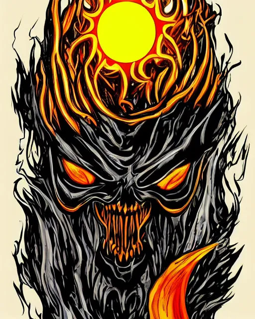 Prompt: the sun with venom's mouth and evil glowing eyes, dressed as the grim reaper, artwork by benjamin reichwald