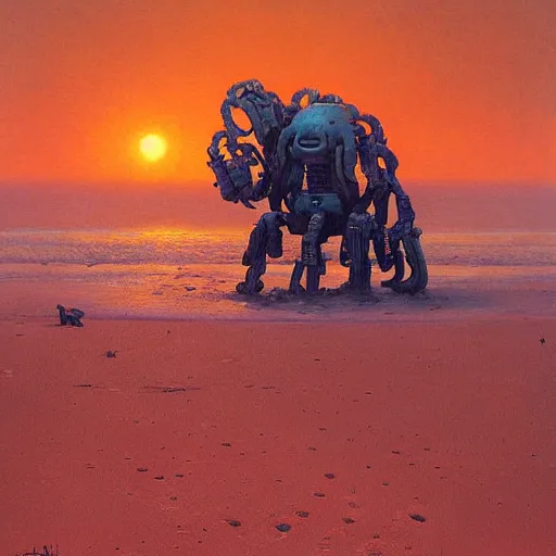 Image similar to an epic painting of a horrifying cthulu robot walking along a beach during low tide at sunset by jakub rozalski by beeple by zdzisław beksinski by h. p lovecraft