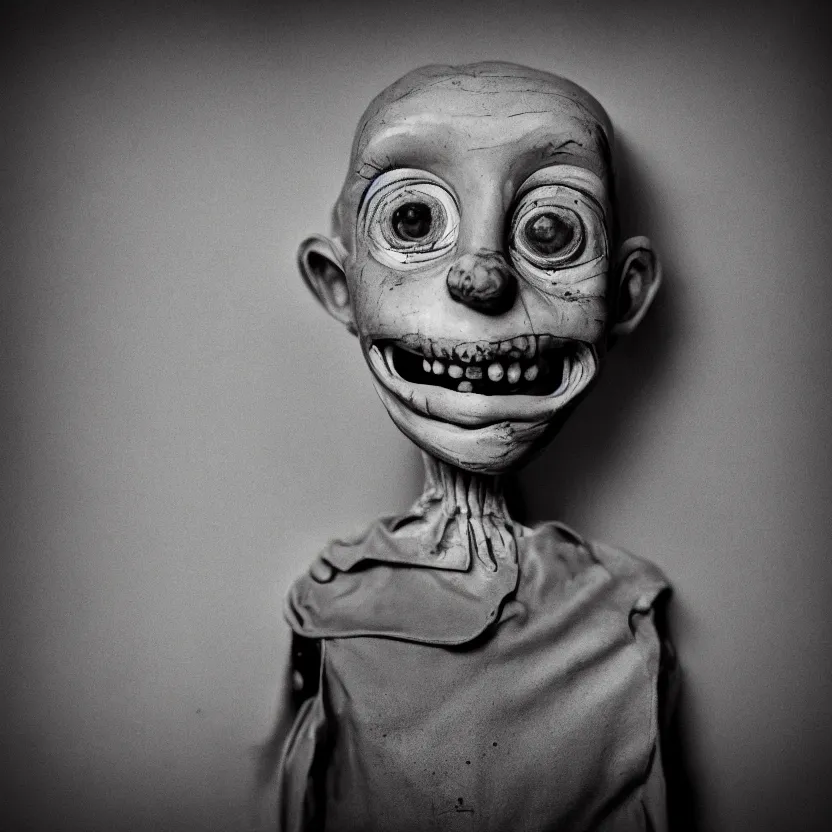 Image similar to creepy ventriloqiest dummy in the style of Roger Ballen, 4k, bw, portrait