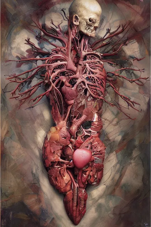 Image similar to accurate anatomical heart imagined as artist's palette, paint, brushes, painted by ruan jia, raymond swanland, lawrence alma tadema, zdzislaw beksinski, norman rockwell, jack kirby, tom lovell, alex malveda, greg staples, artgerm, greg rutkowski and alphonse mucha