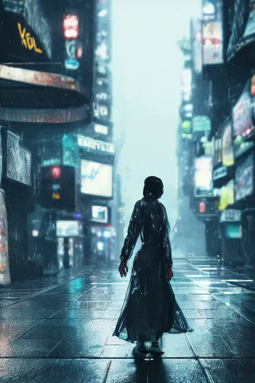 Image similar to a street level, low angle, closeup photograph of a woman with robotic prosthetics in a clear, transparent raincoat, in a futuristic, blade runner city with heavy atmosphere. Volumetric light. Rainfall. Dystopic. Evening, neon lights. 8k. Filmic. Highly detailed. Octane render.