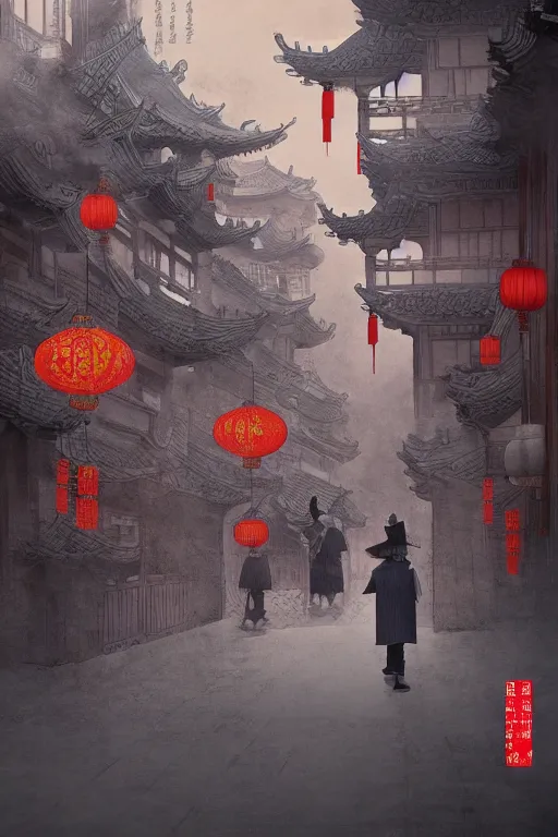 Image similar to on the night of the chinese new year's day, many chinese ghosts wander in the ancient chinese streets. the guiding line composition method, the tindal effect, the soft light, the cool color, by wu jinyuan, trending on artstation