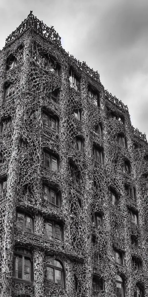 Image similar to a professional photograph of a beautiful modern building by Louis Sullivan and H.R. Giger covered in black ironwork vines, rusticated stone base, rusticated stone base, rusticated stone base, a dramatic sky, crowds of people, a dramatic sky, crowds of people , Sigma 75mm, ornate, very detailed, hyperrealistic, liminalspaces, Symmetrical composition, centered, intricate, panoramic, Dynamic Range, HDR, chromatic aberration, Orton effect, 8k render, photo by Marc Adamus, painting by Jeremy Mann, cinematic, cgsociety, vignette, vignette tilt-shift, bokeh , artstation