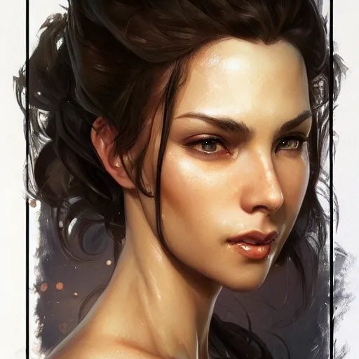 Image similar to beautiful, strong, mixed race, female, aged 4 0, face, head shot, fantasy, highly detailed, digital painting, artstation, concept art, smooth, sharp focus, illustration, art by artgerm and greg rutkowski and alphonse mucha