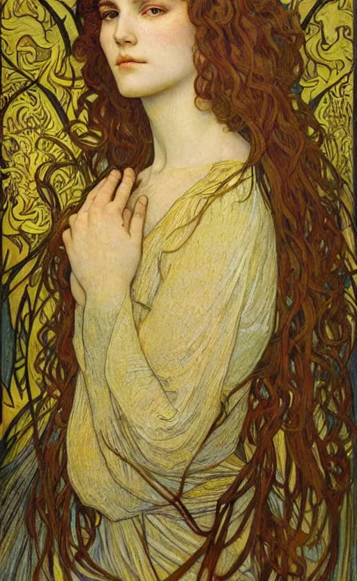 Image similar to detailed realistic beautiful young medieval queen face portrait by jean delville, alphonse mucha, vincent van gogh, and marco mazzoni, art nouveau, symbolist, visionary, gothic, pre - raphaelite