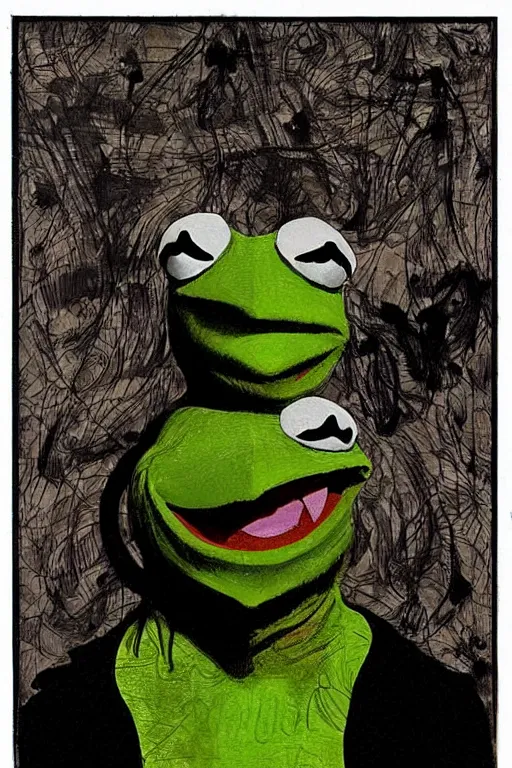 Prompt: solemn portrait of Kermit the frog by Dave McKean