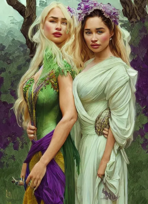 Image similar to lindsey pelas and emilia clarke wearing a green kebaya with purple sash, digital painting, artstation, concept art, sharp focus, illustration, art by artgerm and greg rutkowski and alphonse mucha