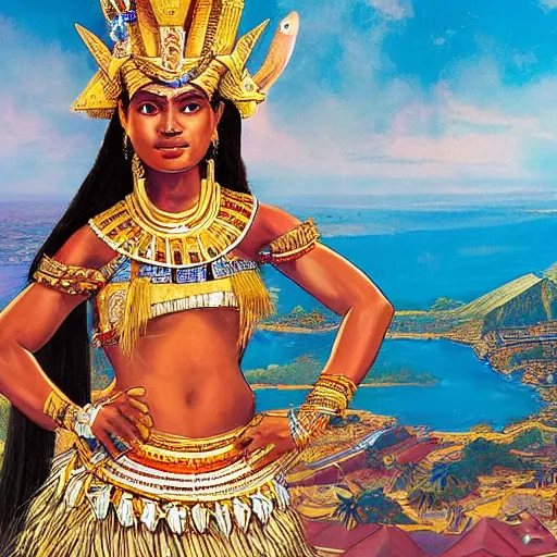 Image similar to a fijian queen looks down on her city from the palace balcony, fantasy art on an egyptian wall